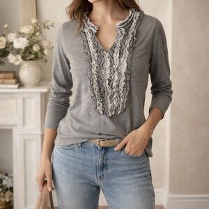 Toffee Apple Gray Ruffle Front Top Size M Feminine Preppy Style